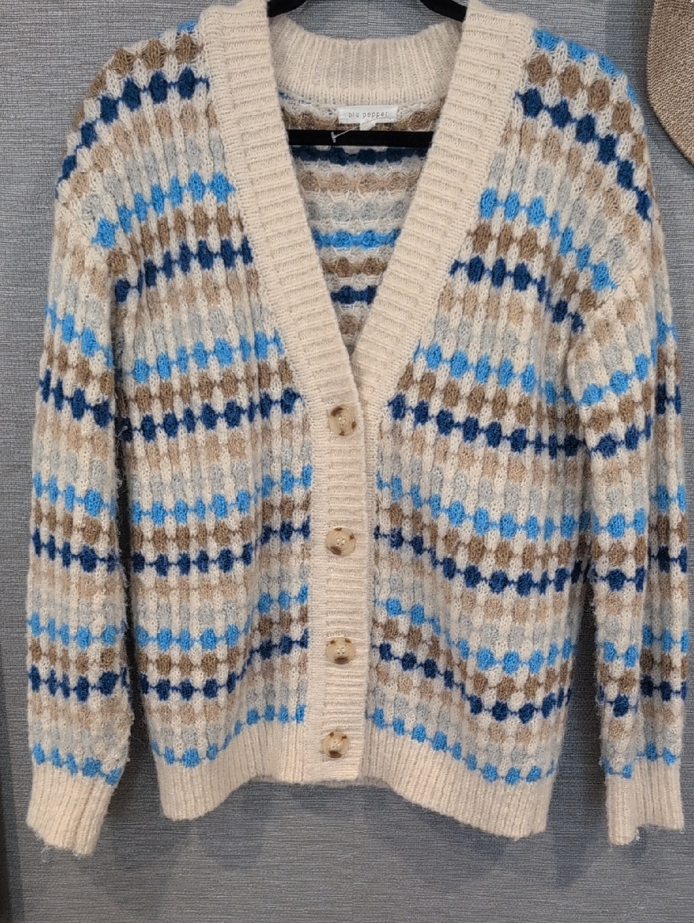 Blu Pepper Ivory Cardigan with Blue and Tan Stripes